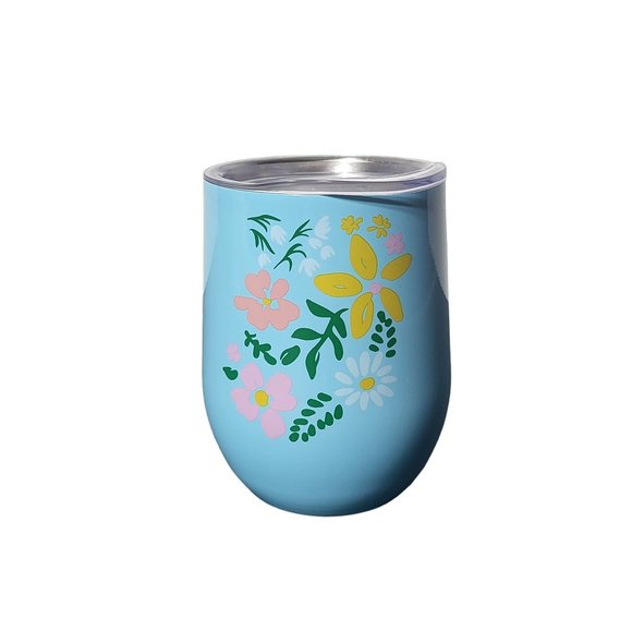 Stainless Steel Blue Floral Wine Tumbler with Lid Pastel Drinkware Cup - Picture 1 of 7